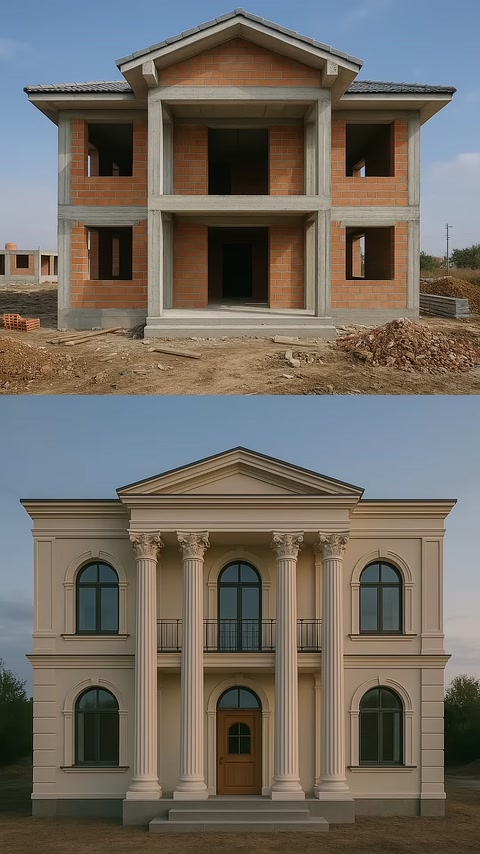 Üçgen alınlıklı villa cephesinde sütun ve pencere sövesi uygulamaları