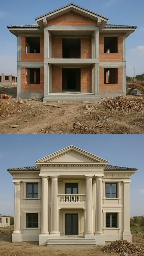Yapım aşamasındaki villa, söve ve sütunlarla tamamlanmış cepheye dönüşüyor
