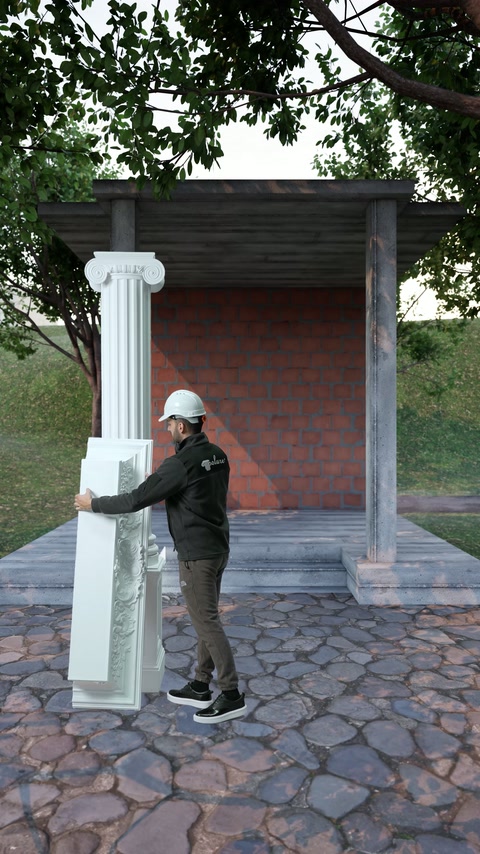 Installer aligns an ornate shaft component with the square pedestal