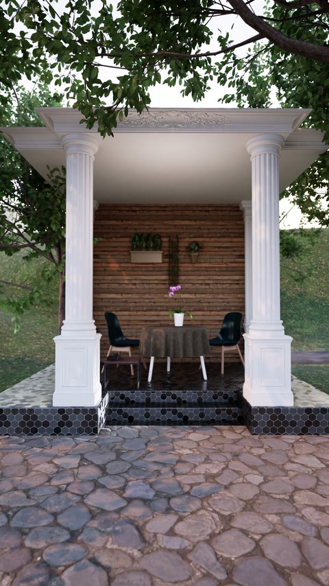 Finished outdoor canopy framed by two classical decorative columns