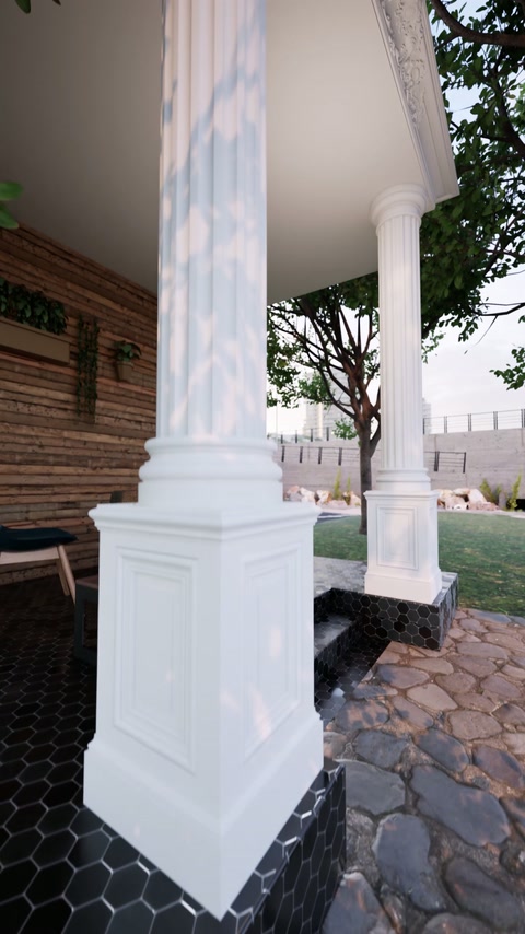 Square pedestal and tall fluted column support the finished canopy composition