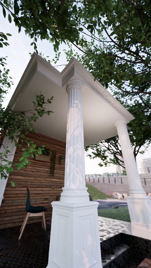 Upward view highlights the column capital beneath the canopy roof