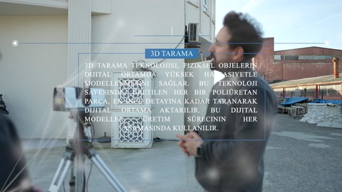 Tripod üzerindeki tarayıcı ile duvar panelleri önünde ölçüm yapılıyor