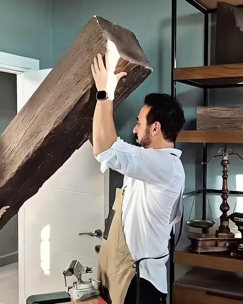 Un uomo solleva sopra la testa una trave testurizzata accanto a una scaffalatura del laboratorio