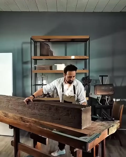 Un artigiano ispeziona una trave effetto legno appoggiata su un banco da lavoro nello studio