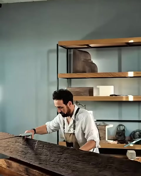 Un artigiano lavora lungo la trave su un banco da lavoro del laboratorio