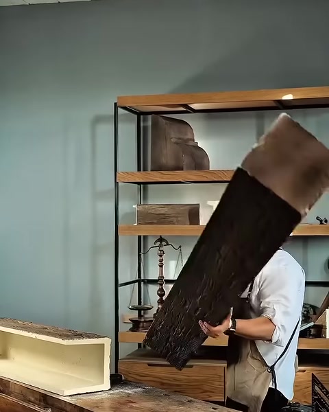 Un uomo mette in posizione verticale una trave leggera chiara effetto legno nel laboratorio