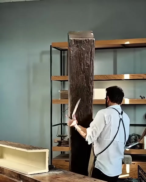 Un artigiano rifila l’angolo di una trave con un taglierino sul banco