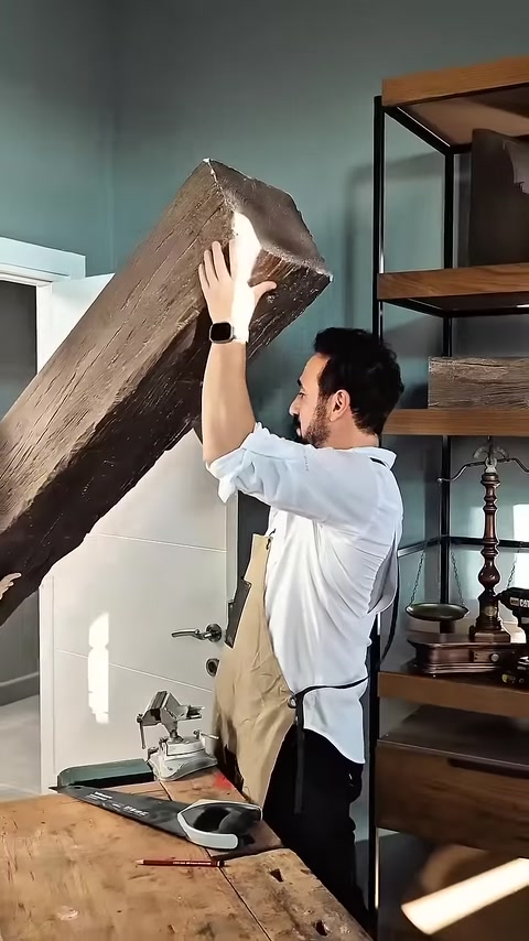 Man lifts textured beam overhead beside workshop shelving unit