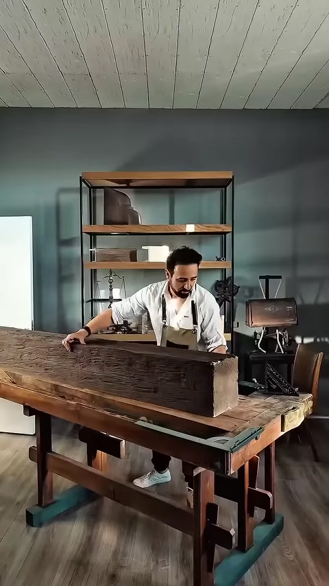 Craftsman inspects wood-look beam laid across workbench in studio