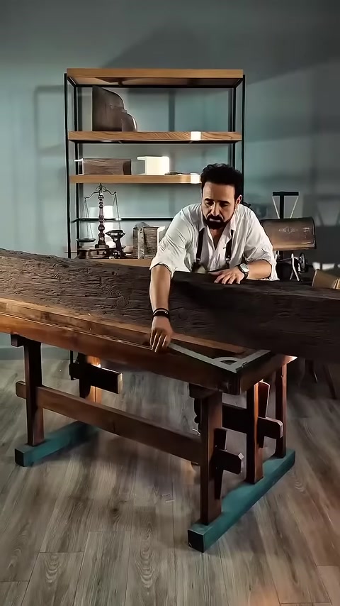 Worker examines dark rustic beam surface on wooden trestle table