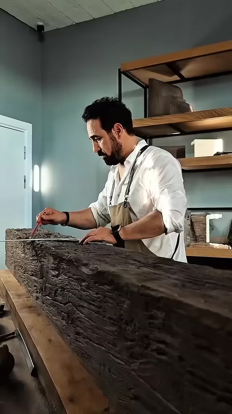 Craftsman marks measurements on rustic beam with pencil
