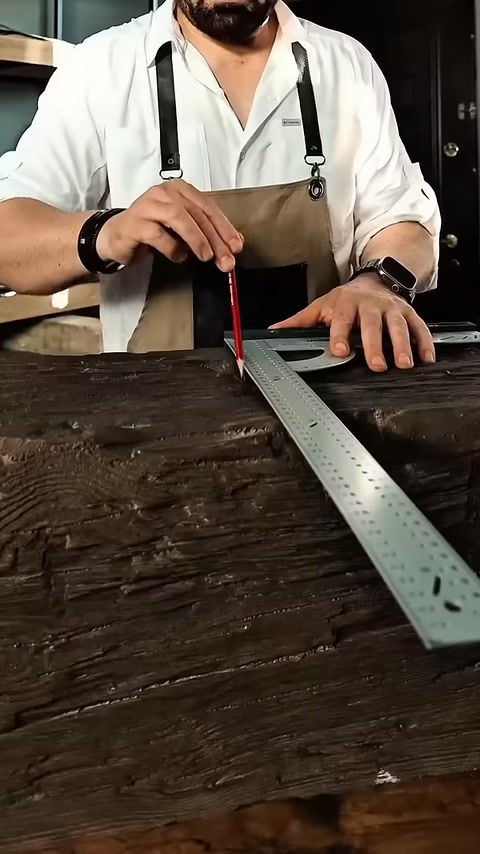 Close-up of hand measuring beam edge with steel square
