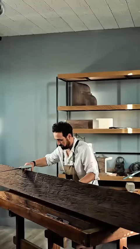 Craftsman works along beam length at workshop bench