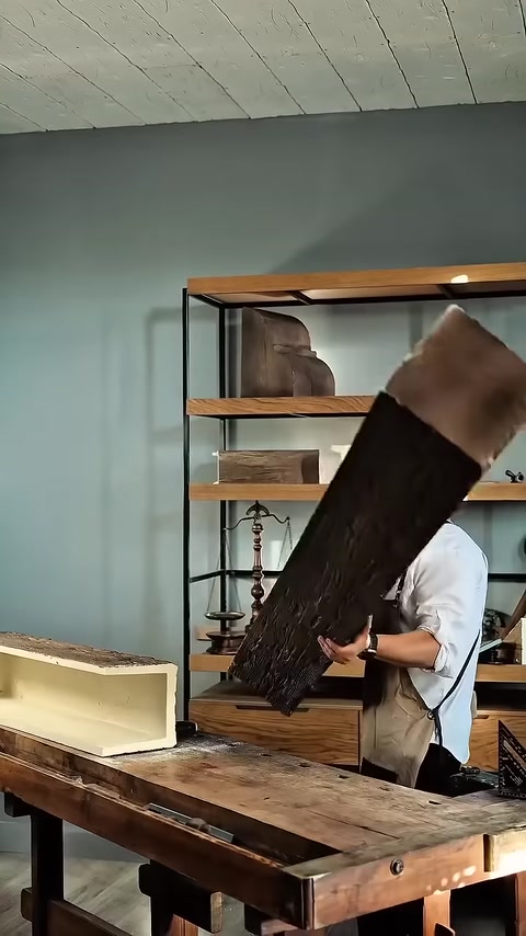 Man tilts light-toned wood-look beam upright in workshop