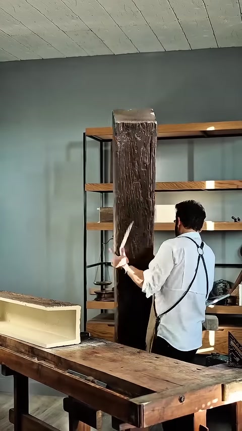 Craftsman trims beam corner with utility knife at bench