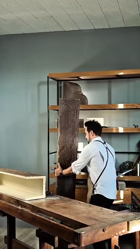 Worker fits mitered corner piece onto beam end