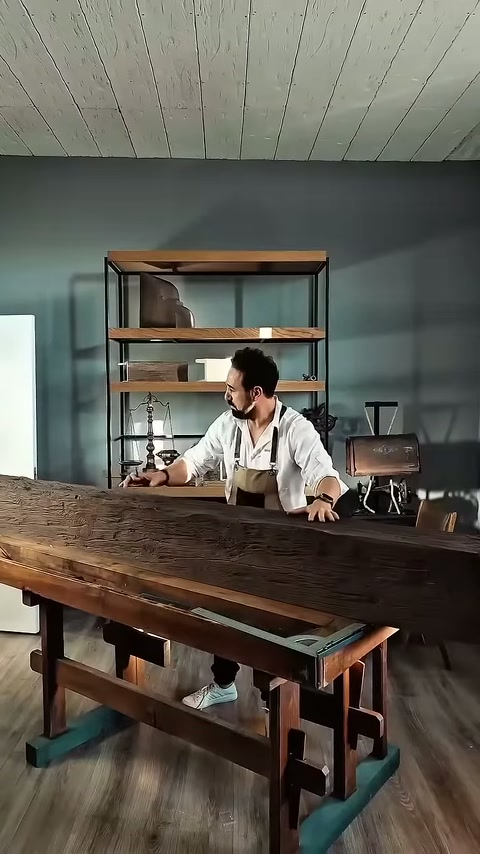 Il travetto rustico riposa su cavalletti mentre l'artigiano ne controlla la superficie.