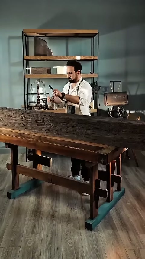 L'operaio prepara uno strumento manuale accanto al travetto su cavalletti.