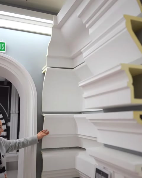 Close-up view of polyurethane mouldings with different projections and cross-sections