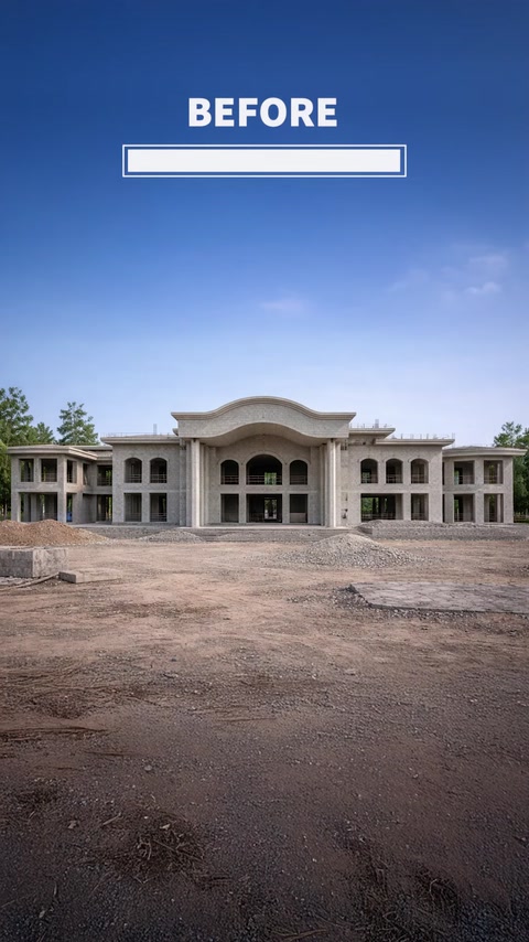 Front view of a large building awaiting decorative facade application