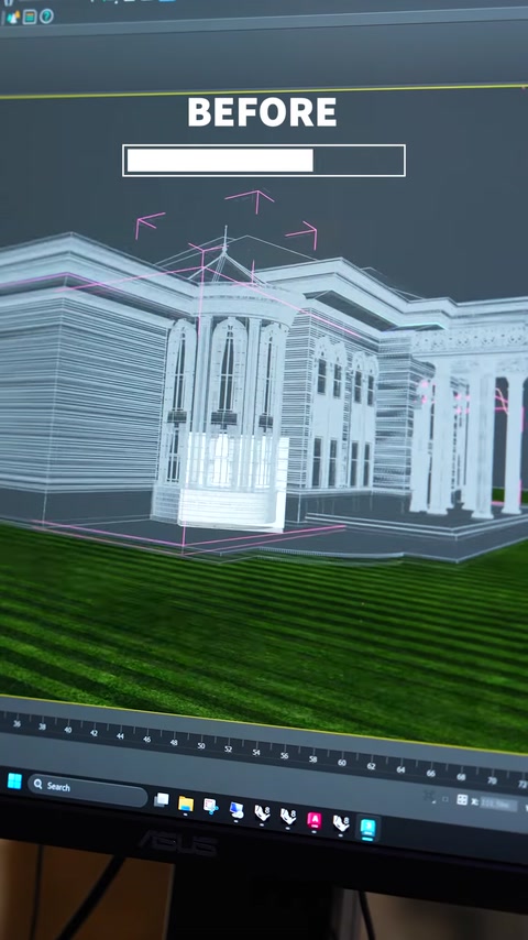 Detailed three-dimensional architectural model with marked facade profiles