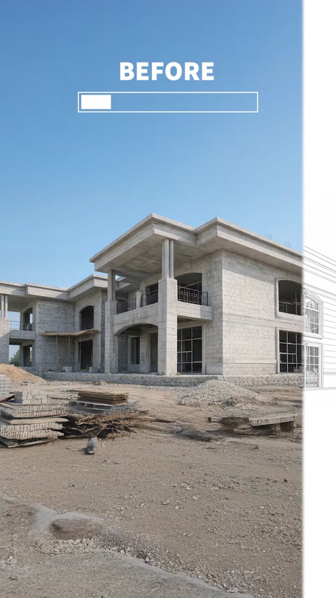 Raw construction phase of a building with columned entrance section