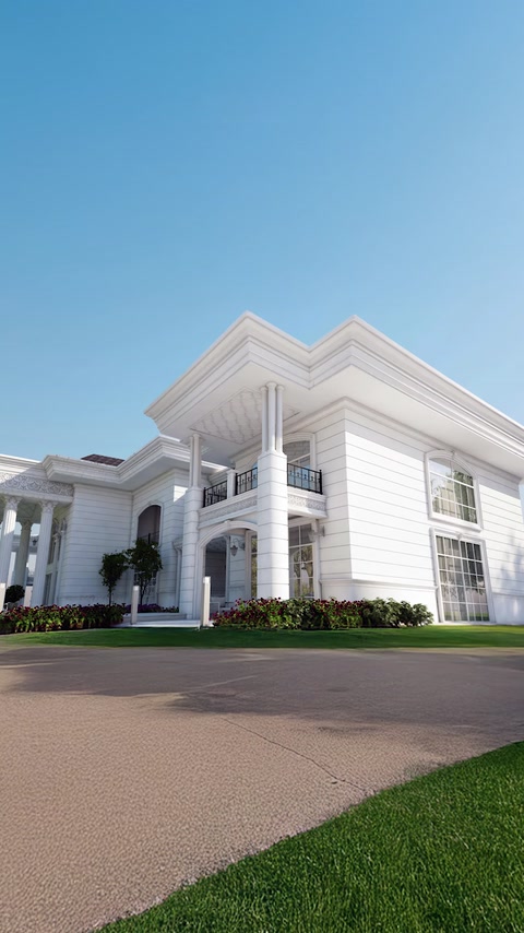 White residential facade completed with columns and floor lines