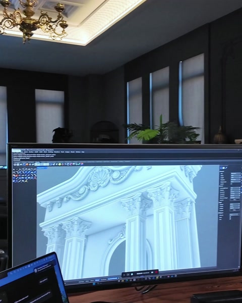 Computer screen displays rendered arched portal with pilasters and cornice