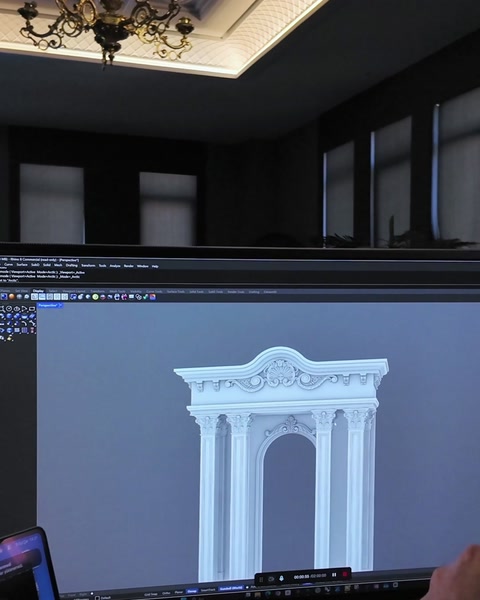 3D model close-up shows arch opening framed by pilaster columns