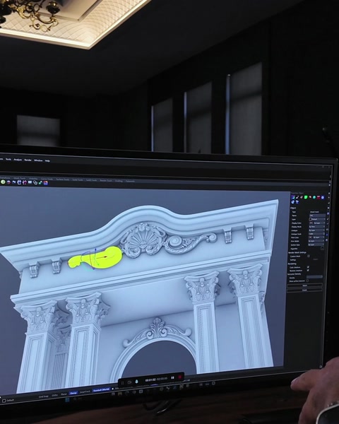 3D render highlights acanthus scroll detail on curved pediment top