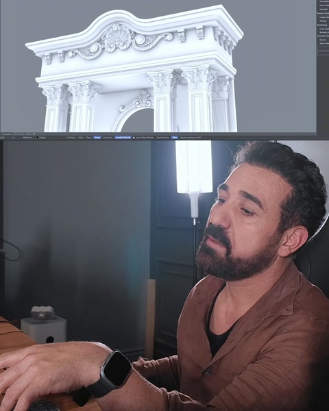 3D screen close-up shows column capital atop pilaster column