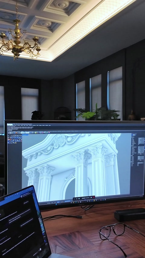 Lo schermo del computer mostra il rendering del portale ad arco con pilastri e cornicione
