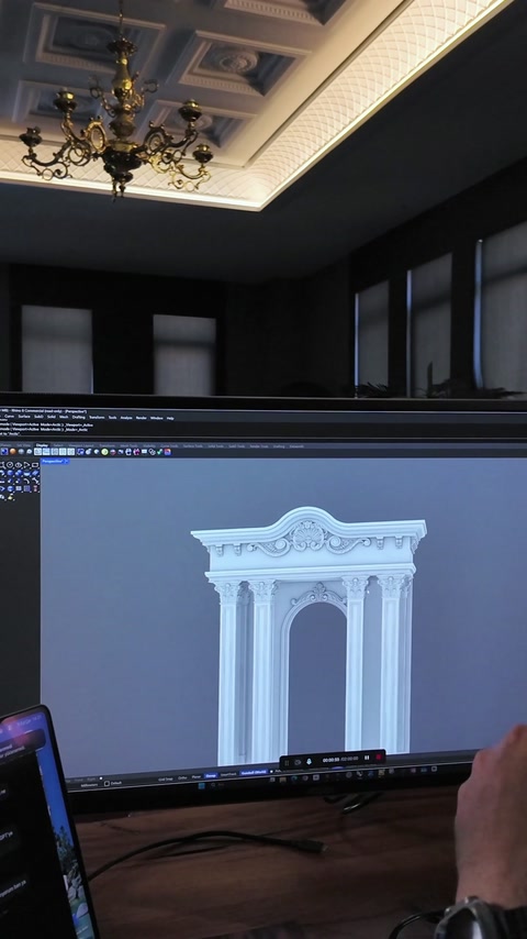 Il primo piano del modello 3D mostra l'apertura ad arco incorniciata da colonne a pilastro