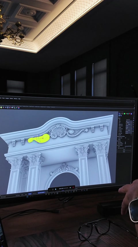 Il rendering 3D evidenzia il dettaglio della voluta di acanto sulla sommità del timpano curvo