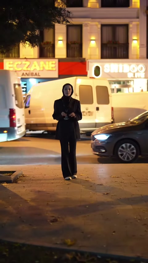 La presentatore indica di notte i marcapiani e le cornici delle finestre illuminate.