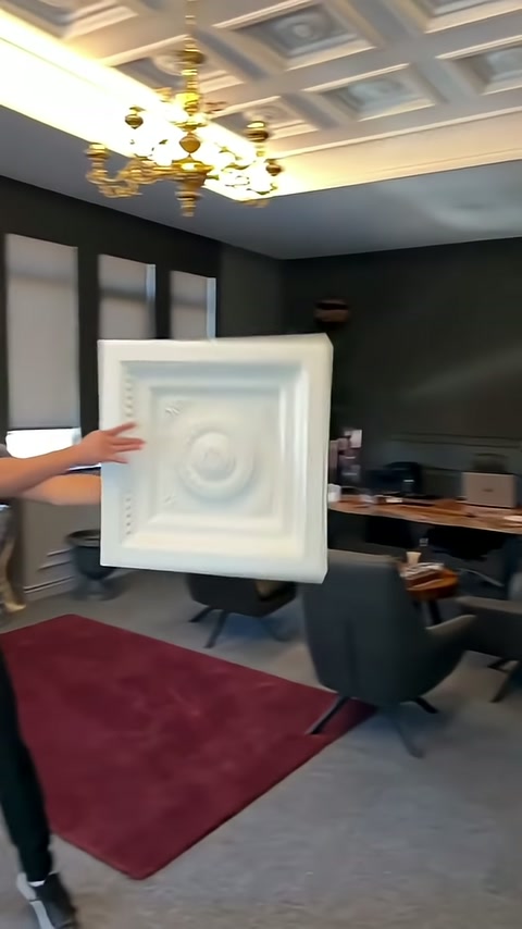Decorative cassette panel held vertically beneath completed ceiling cladding.