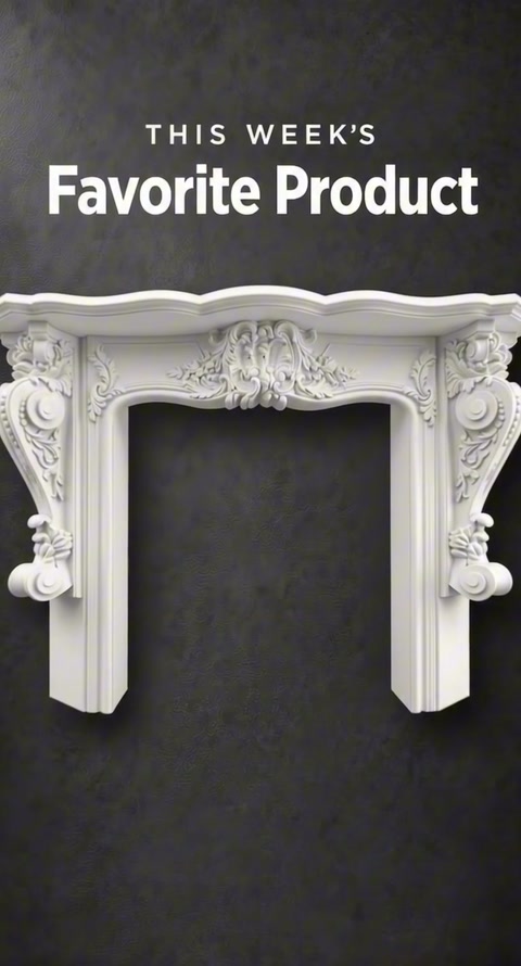 Front view presents an elaborate white fireplace frame with sculpted ornament.