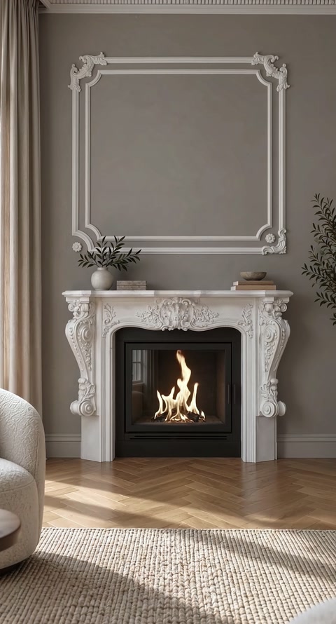 Completed fireplace installation anchors a paneled living room with wall molding.