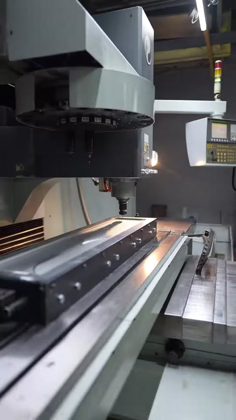A long panel mold is machined on the working table of a CNC machine