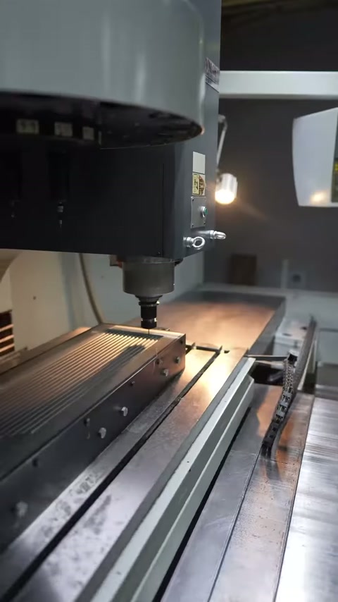 Long white piece gains a grooved surface texture on the CNC table