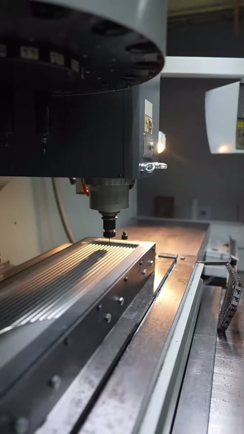 Cutting head continues machining regular channels along the decorative panel