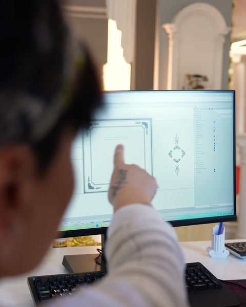 Il design del rosone da cornice viene indicato con il dito sullo schermo del computer
