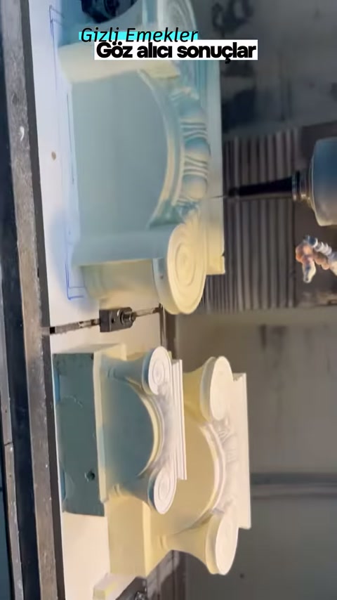 Spiral-ended capital piece prepared for processing on the workshop table