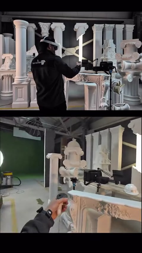 The headset view shows a camera, fireplace mantel and columns.