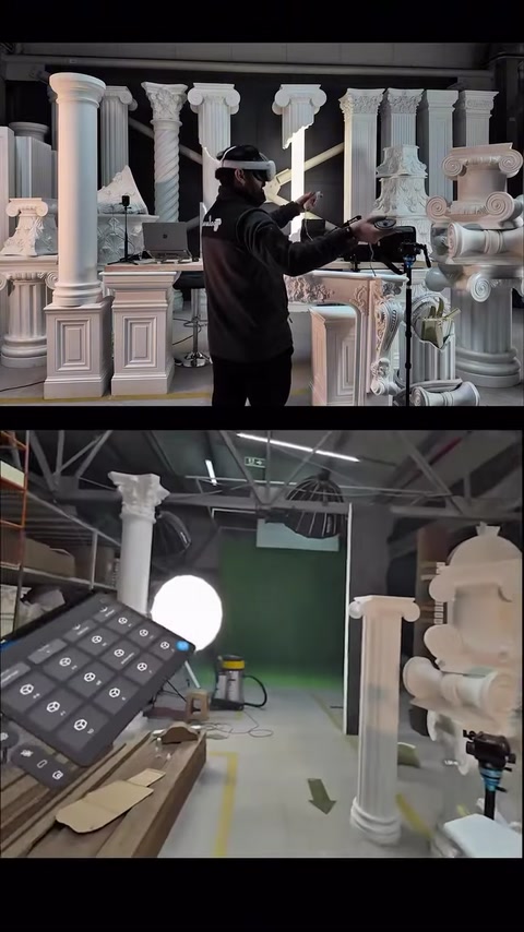 A virtual interface panel opens in front of real decorative products.