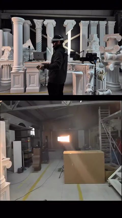 Boxes and decorative elements are visible in a wide section of the workshop.