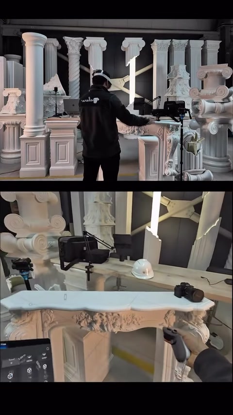 The camera on the fireplace is examined closely in the VR environment.