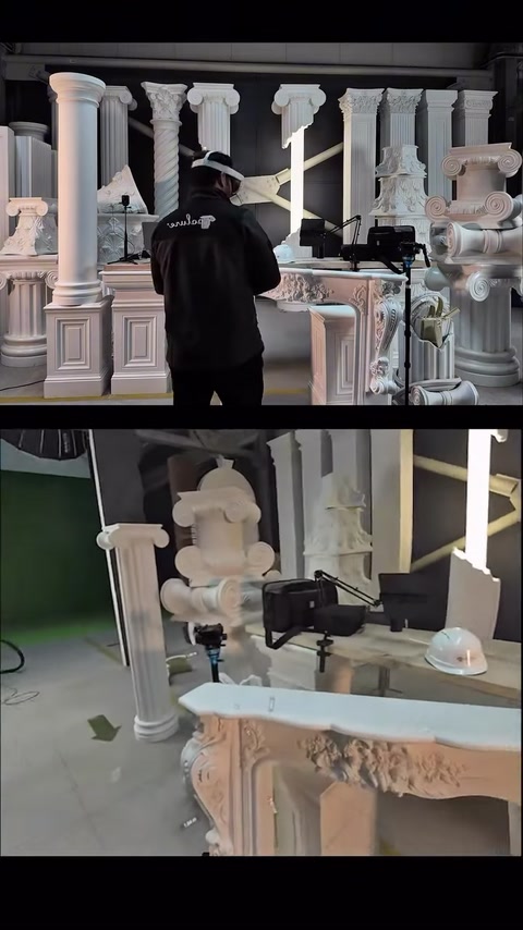 A carved fireplace front and camera are visible in the same frame.