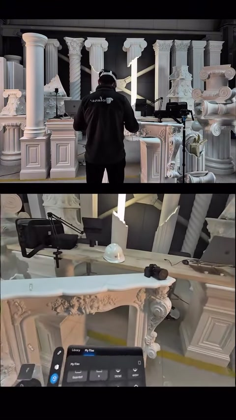 Camera equipment on the fireplace is shown from a different angle.